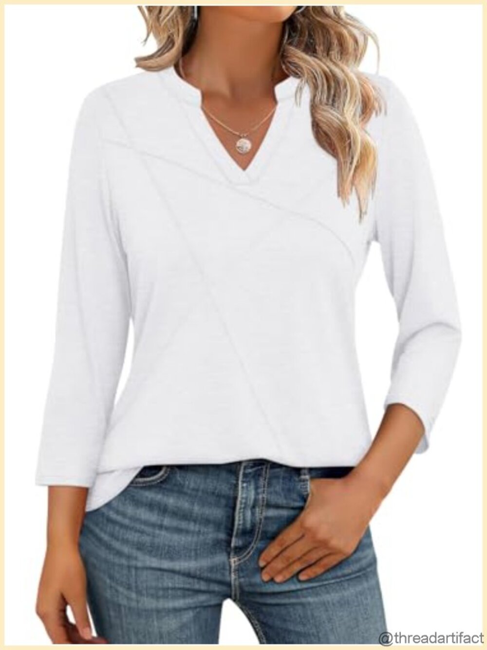 TICTICMISS Womens 3/4 Sleeve V Neck Basic Tee Loose Tunic Top